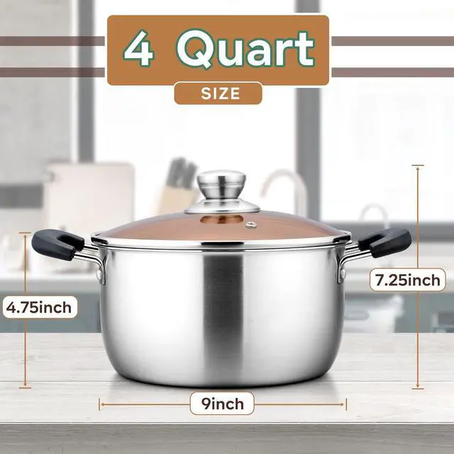 Alt view image 2 of 7 - LIANYU 4QT Stock Pot, Stainless Steel Soup Pasta Pot with See-Through Lid, Heavy Duty Stockpot for Strew Simmer Boiling, Heat-proof Handle, Dishwasher Safe