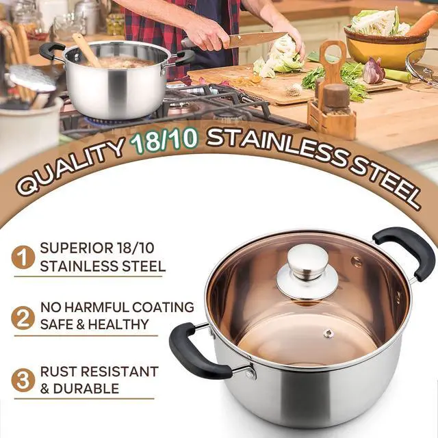 Alt view image 3 of 7 - LIANYU 4QT Stock Pot, Stainless Steel Soup Pasta Pot with See-Through Lid, Heavy Duty Stockpot for Strew Simmer Boiling, Heat-proof Handle, Dishwasher Safe