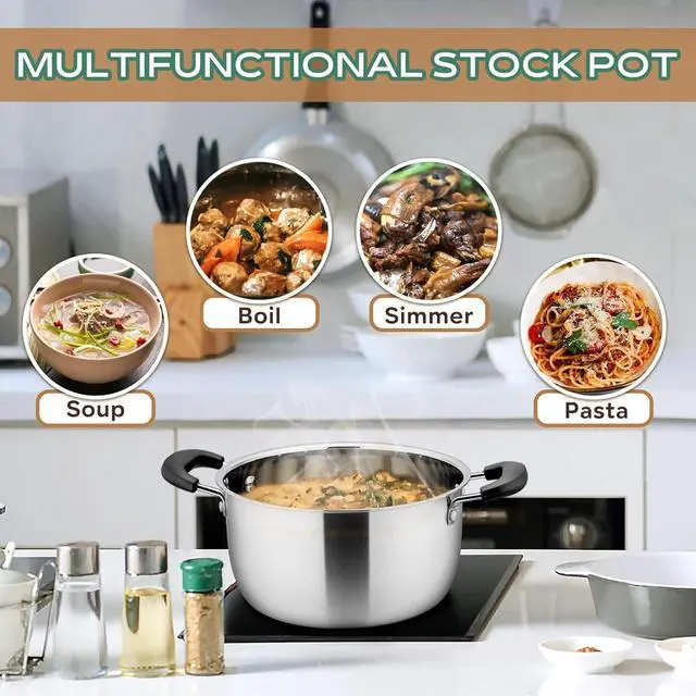 Alt view image 5 of 7 - LIANYU 4QT Stock Pot, Stainless Steel Soup Pasta Pot with See-Through Lid, Heavy Duty Stockpot for Strew Simmer Boiling, Heat-proof Handle, Dishwasher Safe