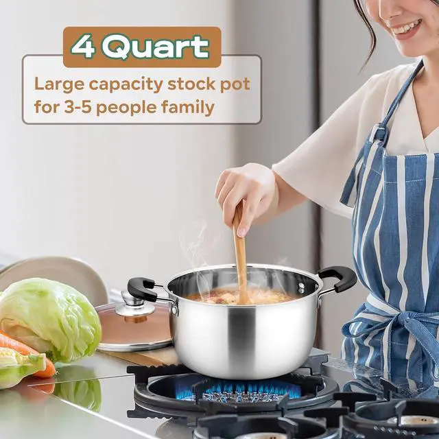 Alt view image 4 of 7 - LIANYU 4QT Stock Pot, Stainless Steel Soup Pasta Pot with See-Through Lid, Heavy Duty Stockpot for Strew Simmer Boiling, Heat-proof Handle, Dishwasher Safe