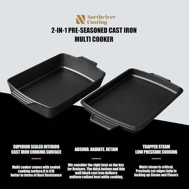 Alt view image 3 of 6 - 2-In-1 Pre Seasoned Cast Iron Dutch Oven With Skillet Lid,Casserole Dish,Rectangular Baking Pan,Griddle Pot Set, 6QT, 9"x13"