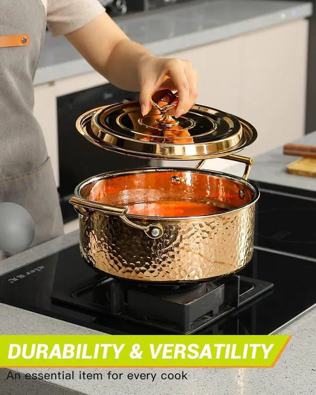 Alt view image 4 of 7 - DAEDALUS 7.5QT Stainless Steel Stock Pot with Lid 3 Triply Clad Hammered Copper Pot, Nonstick Large Cookware for Home Kitchen Restaurant, Dishwasher Oven Safe Rose Gold