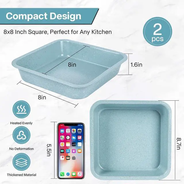 Alt view image 7 of 7 - 2 Pcs 8 x8 Baking Pan, Nonstick Cake Baking Pan for Cakes Lasagna Brownies, 8 inch Cake Pan Square for Baking Roasting Serving, Even Heating, Easy to Clean, Durable Quality, Light Blue