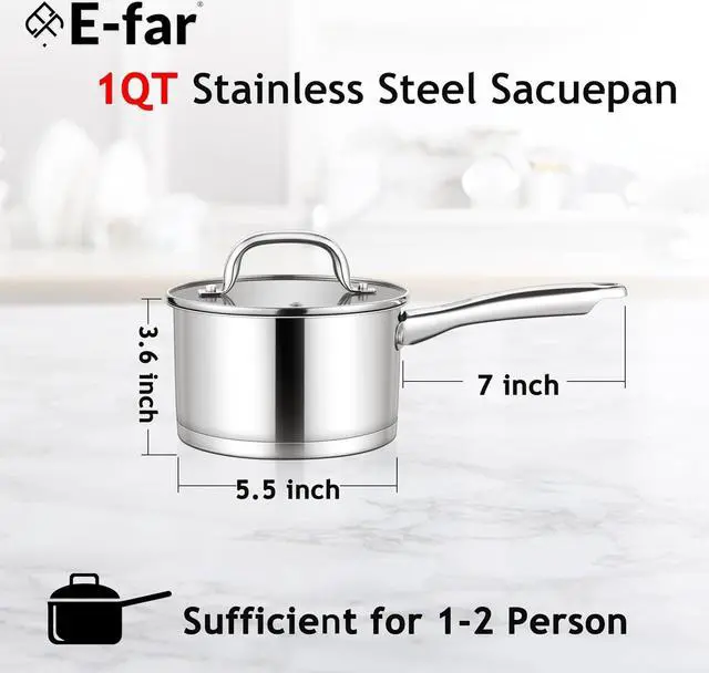 Alt view image 2 of 7 - E-far 1 Quart Saucepan with Lid, Stainless Steel Small Sauce Pan Boiling Pot for Cooking, Compatible with All Stoves, Healthy & Non Toxic, Oven & Dishwasher Safe