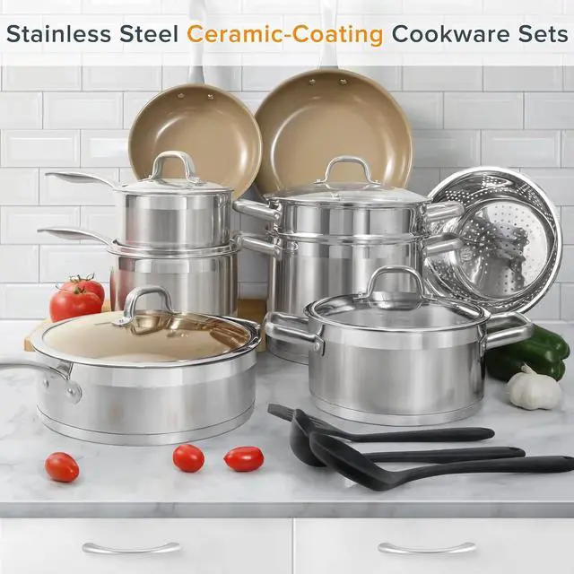 Alt view image 2 of 7 - Duxtop 17PC Professional Stainless Steel Induction Cookware Set, Stainless Steel Ceramic Nonstick Pan Set, Impact-bonded Technology, FUSION Titanium Reinforced Ceramic Coating, Brown