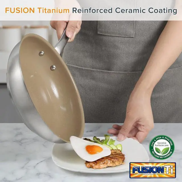 Alt view image 3 of 7 - Duxtop 17PC Professional Stainless Steel Induction Cookware Set, Stainless Steel Ceramic Nonstick Pan Set, Impact-bonded Technology, FUSION Titanium Reinforced Ceramic Coating, Brown