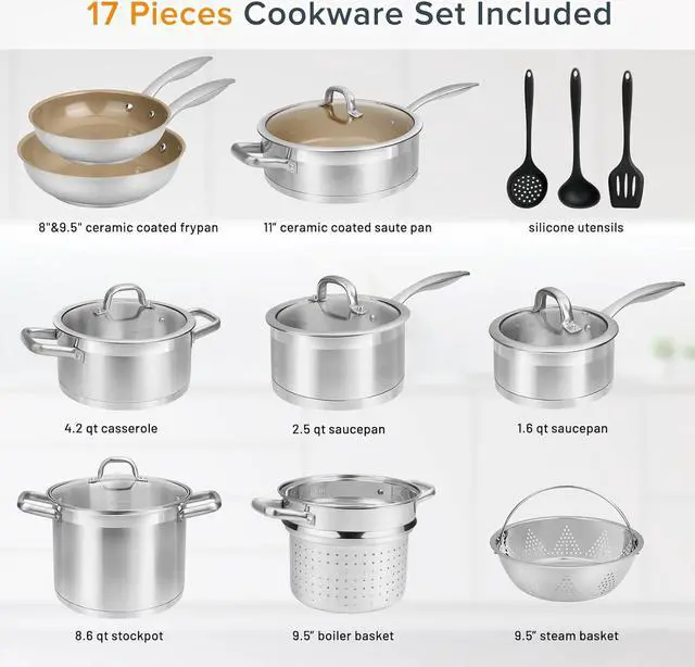 Alt view image 6 of 7 - Duxtop 17PC Professional Stainless Steel Induction Cookware Set, Stainless Steel Ceramic Nonstick Pan Set, Impact-bonded Technology, FUSION Titanium Reinforced Ceramic Coating, Brown