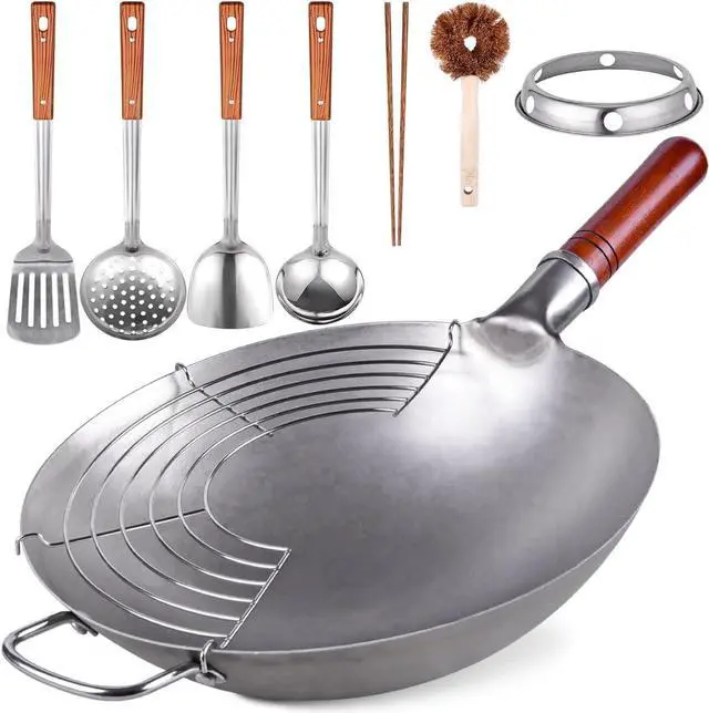 Main image of Carbon Steel Wok Traditional Hand Hammered Wok - 13.4" Chinese Wok Round Bottom Wok Pan Set with 8 Pcs Cookware Accessories