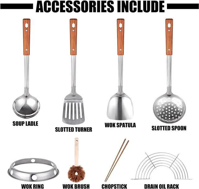 Alt view image 3 of 7 - Carbon Steel Wok Traditional Hand Hammered Wok - 13.4" Chinese Wok Round Bottom Wok Pan Set with 8 Pcs Cookware Accessories