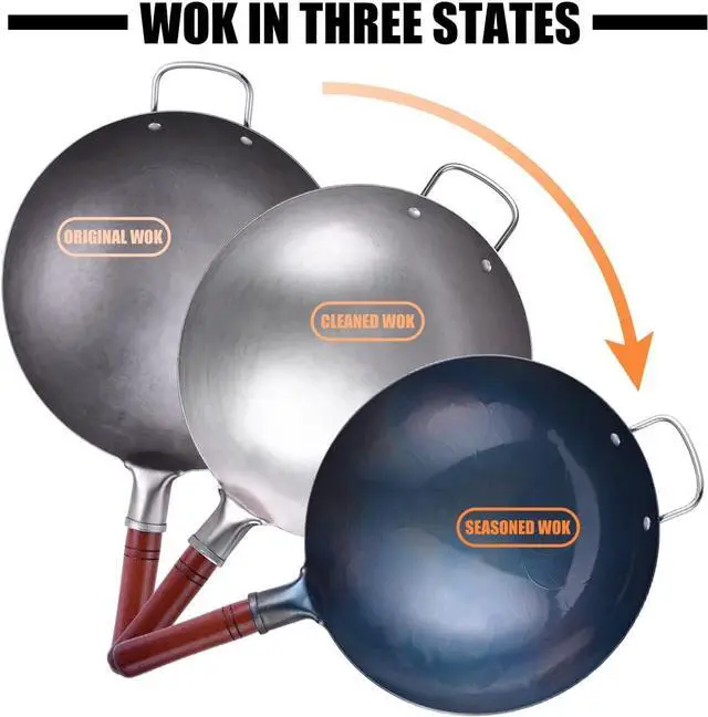 Alt view image 4 of 7 - Carbon Steel Wok Traditional Hand Hammered Wok - 13.4" Chinese Wok Round Bottom Wok Pan Set with 8 Pcs Cookware Accessories