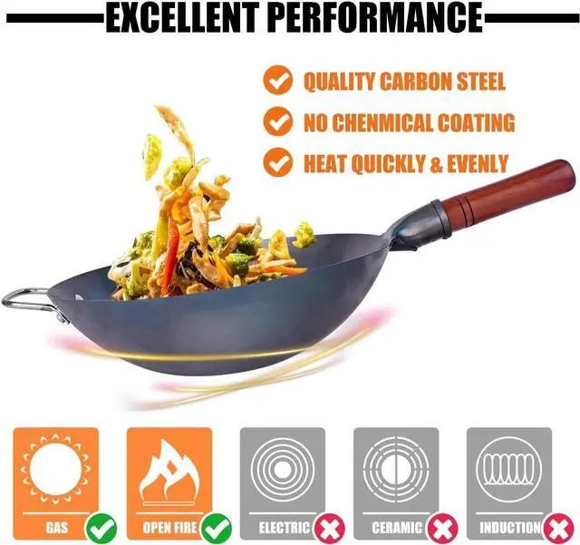 Alt view image 6 of 7 - Carbon Steel Wok Traditional Hand Hammered Wok - 13.4" Chinese Wok Round Bottom Wok Pan Set with 8 Pcs Cookware Accessories