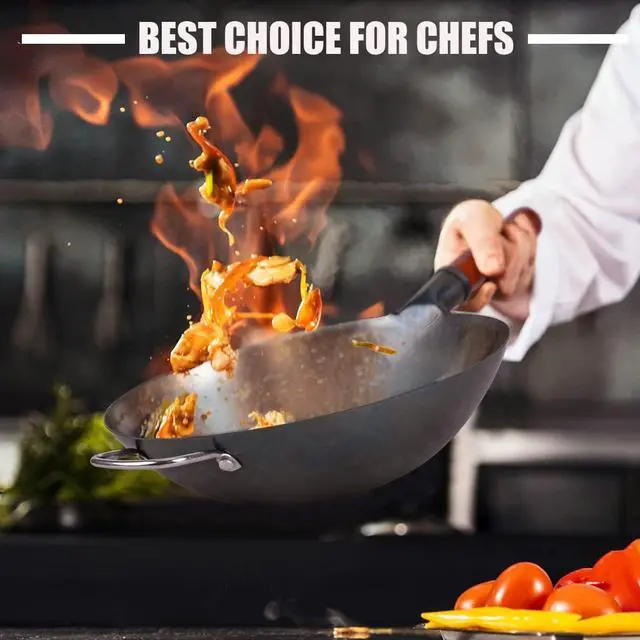Alt view image 7 of 7 - Carbon Steel Wok Traditional Hand Hammered Wok - 13.4" Chinese Wok Round Bottom Wok Pan Set with 8 Pcs Cookware Accessories
