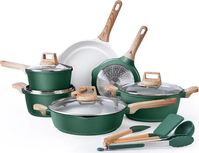 Main image of Country Kitchen Pots and Pans Set Nonstick, Cast Aluminum Kitchen Cookware Set with Utensils, 14 Pcs Non Stick Cooking Set w/Frying Pans & Saucepans, Sage