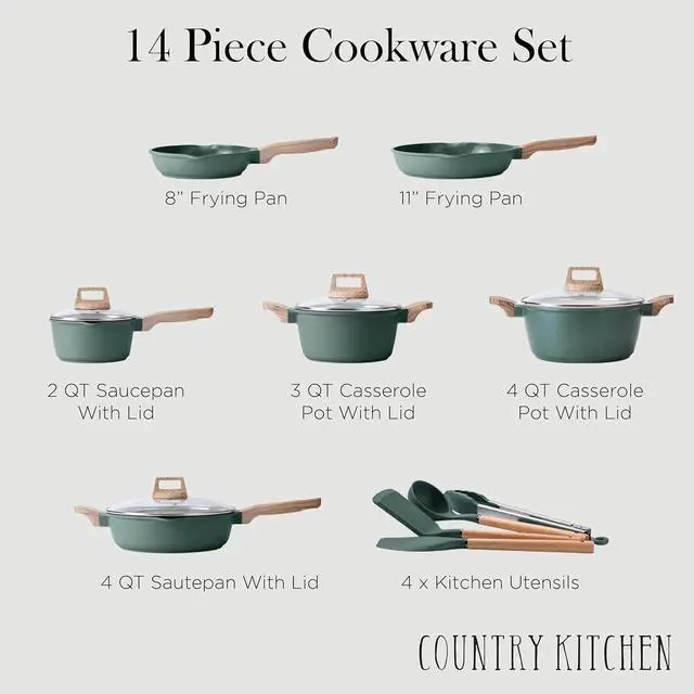 Alt view image 3 of 7 - Country Kitchen Pots and Pans Set Nonstick, Cast Aluminum Kitchen Cookware Set with Utensils, 14 Pcs Non Stick Cooking Set w/Frying Pans & Saucepans, Sage