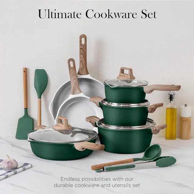 Alt view image 2 of 7 - Country Kitchen Pots and Pans Set Nonstick, Cast Aluminum Kitchen Cookware Set with Utensils, 14 Pcs Non Stick Cooking Set w/Frying Pans & Saucepans, Sage