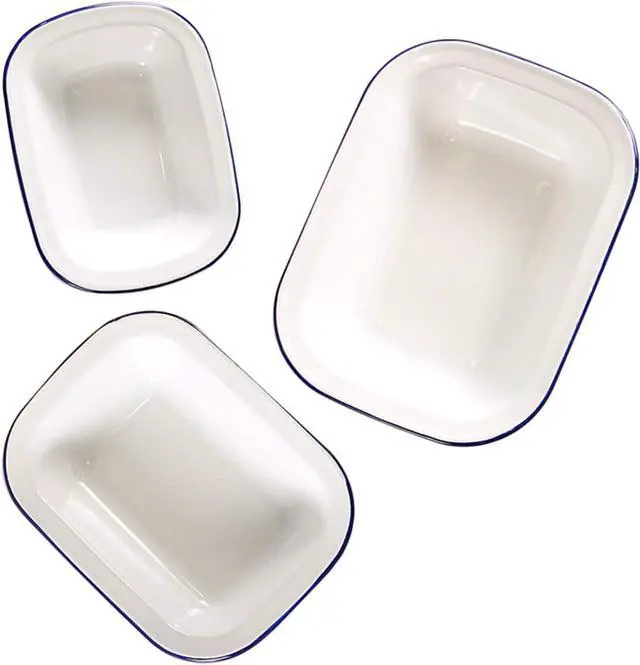 Main image of Webake Enamelware Roasting Pan 3 Pack Enameled Steel Oblong Pie Pan Pie Dish Roaster Pan Food Containers, Solid White with Blue Rim