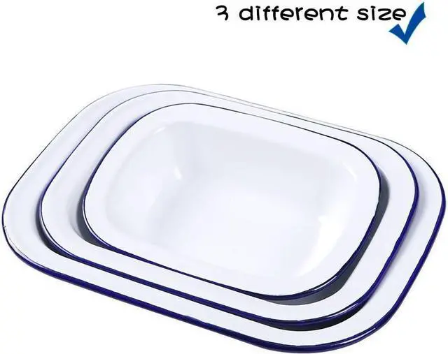 Alt view image 2 of 7 - Webake Enamelware Roasting Pan 3 Pack Enameled Steel Oblong Pie Pan Pie Dish Roaster Pan Food Containers, Solid White with Blue Rim
