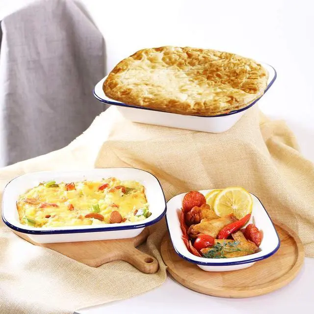 Alt view image 5 of 7 - Webake Enamelware Roasting Pan 3 Pack Enameled Steel Oblong Pie Pan Pie Dish Roaster Pan Food Containers, Solid White with Blue Rim