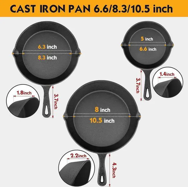 Alt view image 2 of 6 - Pre-Seasoned Cast Iron Skillet 3 piece Cast Iron Frying Pan set with Heat-Resistant Handles - 6 inch, 8 inch and 10 inch Cast Iron Set, For Frying, Saute, Pizza, Oven Safe (Black)