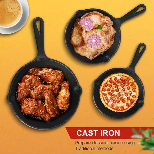 Alt view image 5 of 6 - Pre-Seasoned Cast Iron Skillet 3 piece Cast Iron Frying Pan set with Heat-Resistant Handles - 6 inch, 8 inch and 10 inch Cast Iron Set, For Frying, Saute, Pizza, Oven Safe (Black)