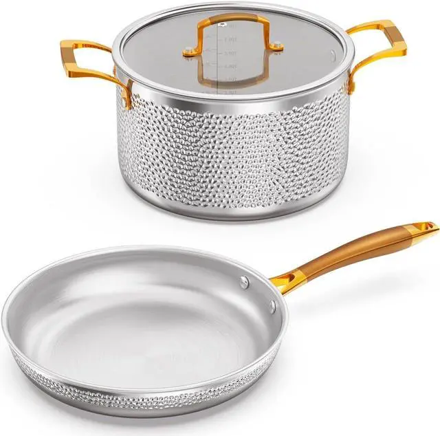 Main image of Stainless Steel Pots and Pans Set, Tri-Ply Hammered Kitchen Cookware with Glass Lids, Induction Compatible, Non-Coated, Non-Toxic, 3-Piece