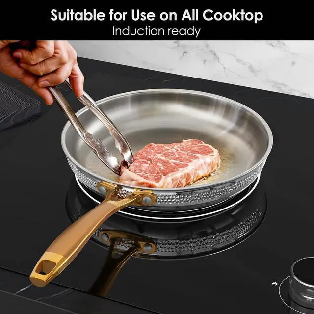 Alt view image 4 of 7 - Stainless Steel Pots and Pans Set, Tri-Ply Hammered Kitchen Cookware with Glass Lids, Induction Compatible, Non-Coated, Non-Toxic, 3-Piece