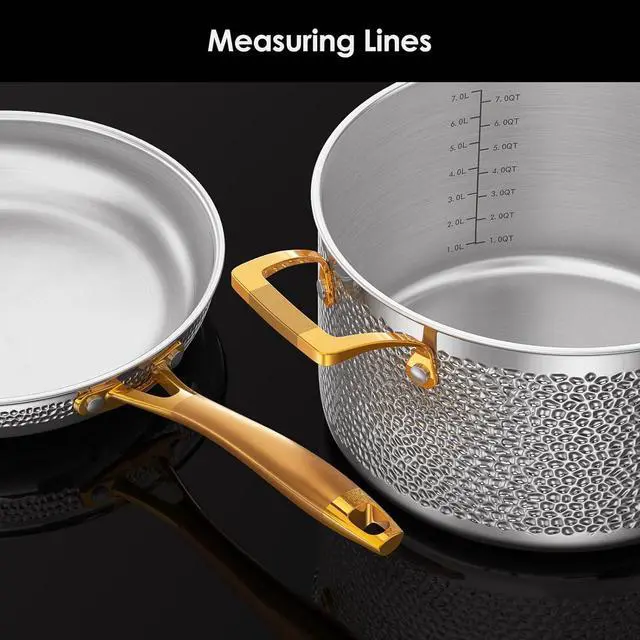 Alt view image 5 of 7 - Stainless Steel Pots and Pans Set, Tri-Ply Hammered Kitchen Cookware with Glass Lids, Induction Compatible, Non-Coated, Non-Toxic, 3-Piece