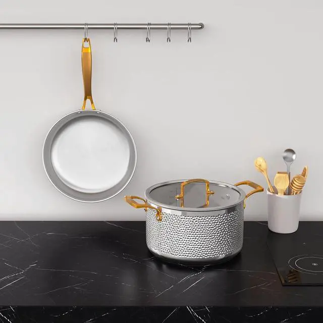Alt view image 7 of 7 - Stainless Steel Pots and Pans Set, Tri-Ply Hammered Kitchen Cookware with Glass Lids, Induction Compatible, Non-Coated, Non-Toxic, 3-Piece