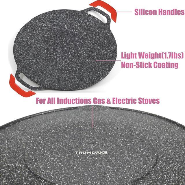 Alt view image 3 of 7 - Non-Stick Aluminum Korean Grill Pan 13 Inch Camp Fire BBQ Natural Material 6 Layer Coating Griddle Pan Induction Gas Stove Electric Cooktop Silicone Mitts Heat Resistant 1 Pair
