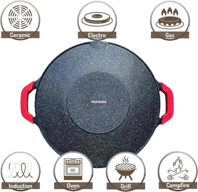 Alt view image 6 of 7 - Non-Stick Aluminum Korean Grill Pan 13 Inch Camp Fire BBQ Natural Material 6 Layer Coating Griddle Pan Induction Gas Stove Electric Cooktop Silicone Mitts Heat Resistant 1 Pair