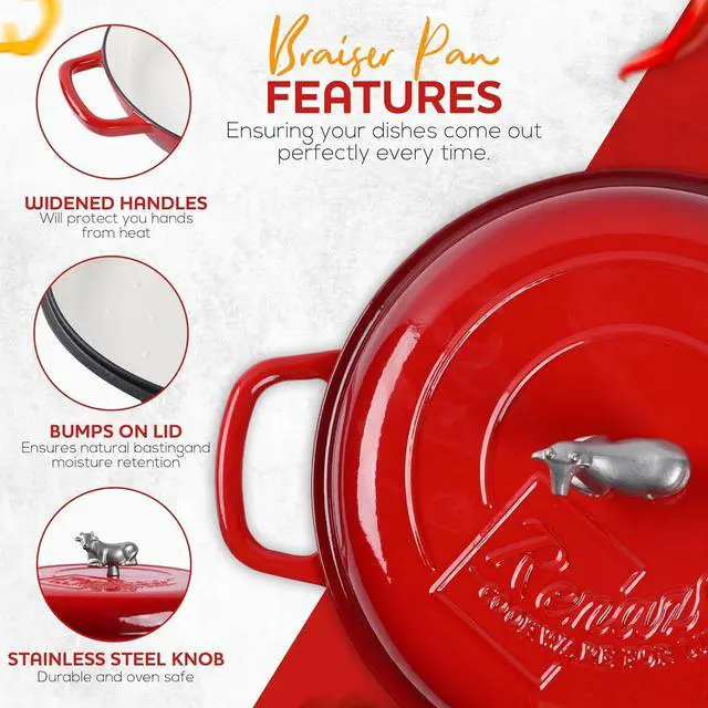 Alt view image 2 of 7 - 3.5 Qt Enameled Cast Iron Braiser Pan with Lid - With Customizable Knobs & Silicone Heat Grippers - Dutch Oven Cast Iron for Stir Fry & Baking - Braising Pan with Lid Oven Safe Upto 500F