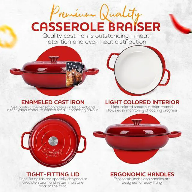 Alt view image 3 of 7 - 3.5 Qt Enameled Cast Iron Braiser Pan with Lid - With Customizable Knobs & Silicone Heat Grippers - Dutch Oven Cast Iron for Stir Fry & Baking - Braising Pan with Lid Oven Safe Upto 500F