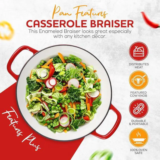 Alt view image 4 of 7 - 3.5 Qt Enameled Cast Iron Braiser Pan with Lid - With Customizable Knobs & Silicone Heat Grippers - Dutch Oven Cast Iron for Stir Fry & Baking - Braising Pan with Lid Oven Safe Upto 500F