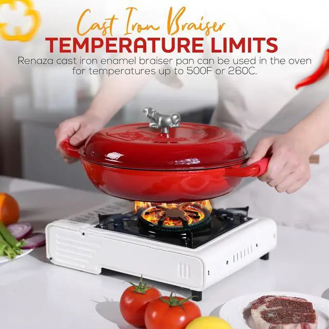 Alt view image 5 of 7 - 3.5 Qt Enameled Cast Iron Braiser Pan with Lid - With Customizable Knobs & Silicone Heat Grippers - Dutch Oven Cast Iron for Stir Fry & Baking - Braising Pan with Lid Oven Safe Upto 500F