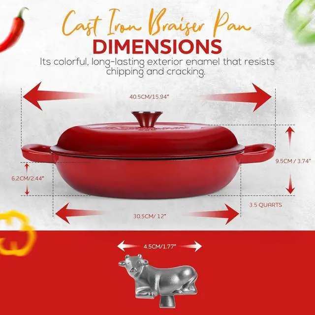 Alt view image 6 of 7 - 3.5 Qt Enameled Cast Iron Braiser Pan with Lid - With Customizable Knobs & Silicone Heat Grippers - Dutch Oven Cast Iron for Stir Fry & Baking - Braising Pan with Lid Oven Safe Upto 500F