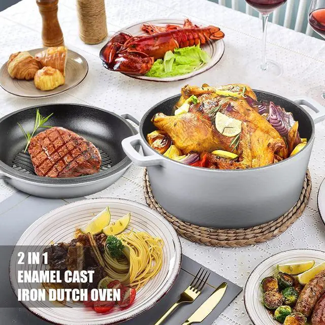 Alt view image 4 of 6 - 5.5 Quart Enameled Cast Iron Dutch Oven, 2-In-1 Enamel Dutch Oven Pot with Skillet Lid for Grill, Stovetop, Induction (Gradient Grey)