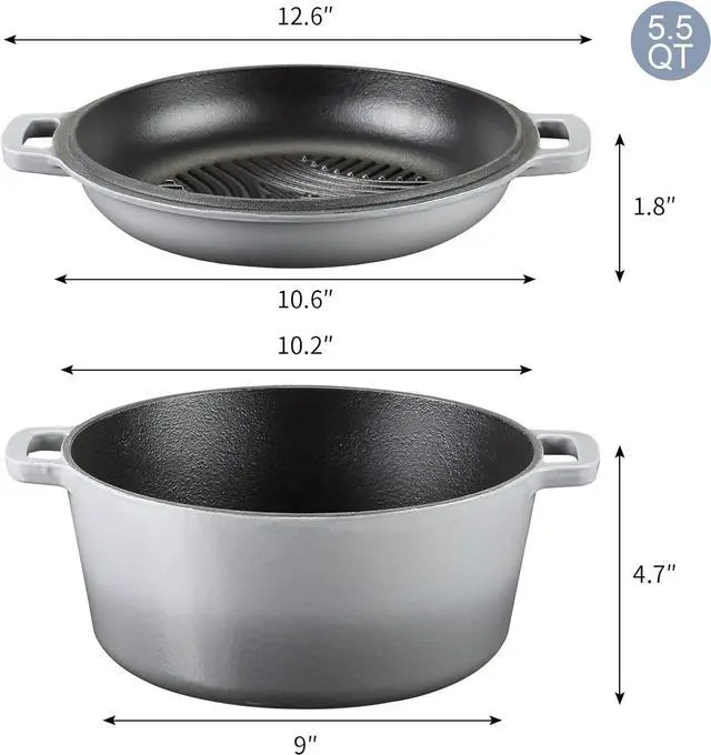 Alt view image 5 of 6 - 5.5 Quart Enameled Cast Iron Dutch Oven, 2-In-1 Enamel Dutch Oven Pot with Skillet Lid for Grill, Stovetop, Induction (Gradient Grey)