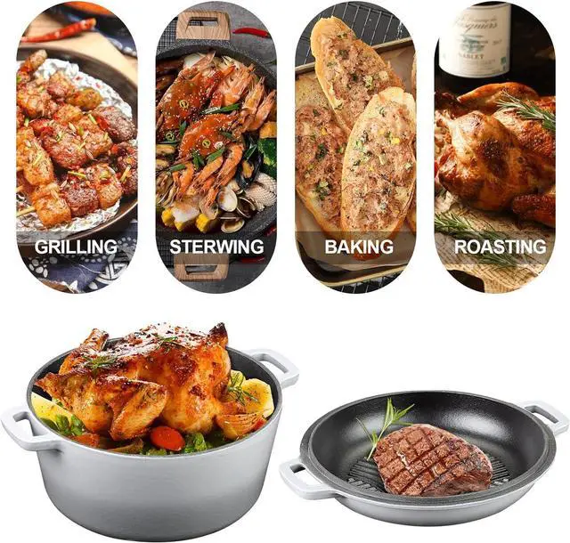 Alt view image 6 of 6 - 5.5 Quart Enameled Cast Iron Dutch Oven, 2-In-1 Enamel Dutch Oven Pot with Skillet Lid for Grill, Stovetop, Induction (Gradient Grey)