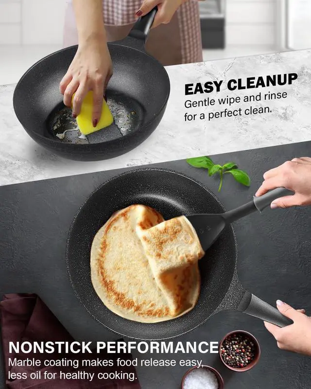 Alt view image 3 of 7 - Cook N Home Marble Nonstick Cookware Saute Fry, 8" and 9.5-Inch Skillet Pans, Black