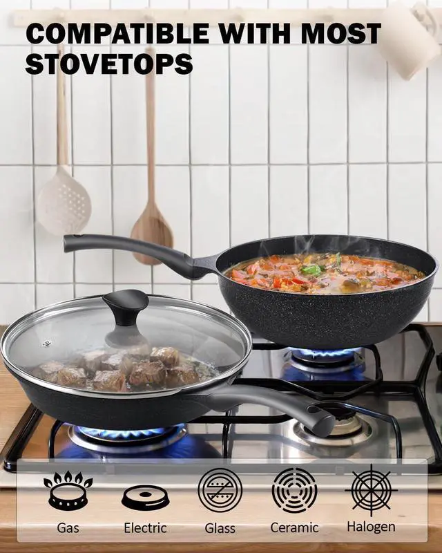 Alt view image 4 of 7 - Cook N Home Marble Nonstick Cookware Saute Fry, 8" and 9.5-Inch Skillet Pans, Black