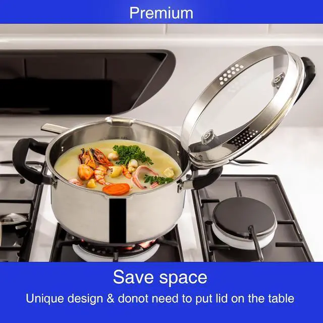 Alt view image 3 of 6 - Stainless Steel Cookware Pasta Pot by Cyrder 3 Quart, Strainer in Glass Lid, Two Side Spouts, Capsule Bottom Stock Pot, Durable & dishwasher safe