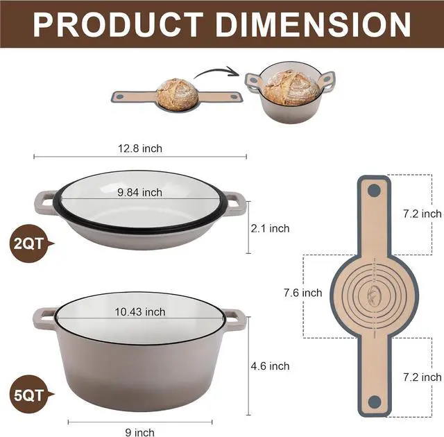 Alt view image 2 of 7 - E-far 5 Quart Enameled Cast Iron Dutch Oven, 2 in 1 Dutch Oven Pot with Skillet Lid and Silicone Bread Sling, Ideal for Bread Baking, Cooking, Stewing, Frying, Induction & Oven Safe - Khaki