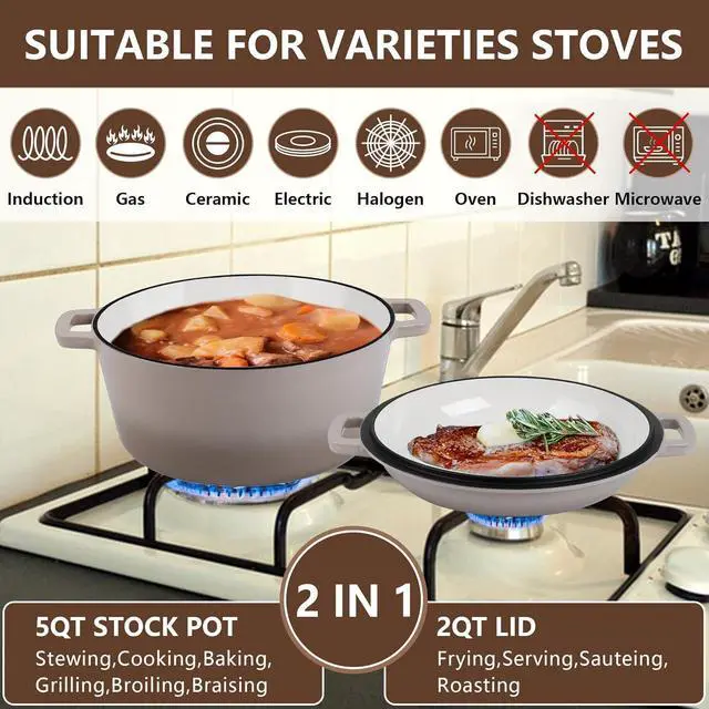 Alt view image 5 of 7 - E-far 5 Quart Enameled Cast Iron Dutch Oven, 2 in 1 Dutch Oven Pot with Skillet Lid and Silicone Bread Sling, Ideal for Bread Baking, Cooking, Stewing, Frying, Induction & Oven Safe - Khaki