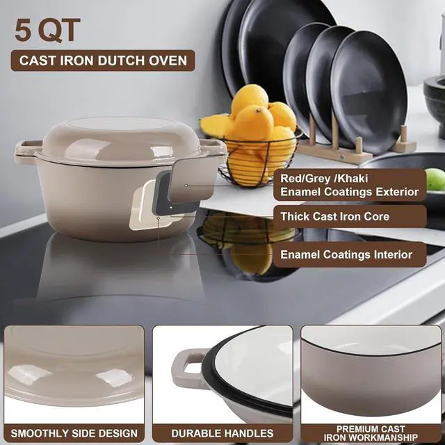 Alt view image 3 of 7 - E-far 5 Quart Enameled Cast Iron Dutch Oven, 2 in 1 Dutch Oven Pot with Skillet Lid and Silicone Bread Sling, Ideal for Bread Baking, Cooking, Stewing, Frying, Induction & Oven Safe - Khaki