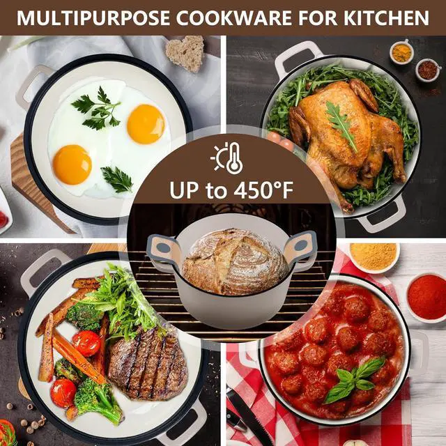 Alt view image 6 of 7 - E-far 5 Quart Enameled Cast Iron Dutch Oven, 2 in 1 Dutch Oven Pot with Skillet Lid and Silicone Bread Sling, Ideal for Bread Baking, Cooking, Stewing, Frying, Induction & Oven Safe - Khaki