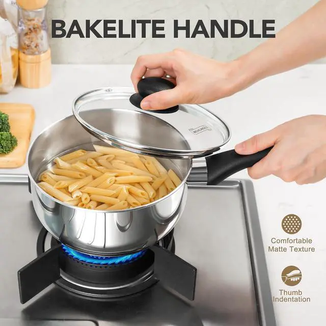 Alt view image 3 of 7 - MICHELANGELO Stainless Steel Saucepan with Lid 6pcs, Triply Base Stainless Steel Pot Set, Saucepan Set with Bakelite Handle - 1QT & 2QT & 3QT