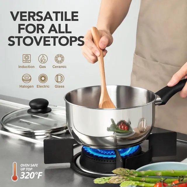 Alt view image 4 of 7 - MICHELANGELO Stainless Steel Saucepan with Lid 6pcs, Triply Base Stainless Steel Pot Set, Saucepan Set with Bakelite Handle - 1QT & 2QT & 3QT