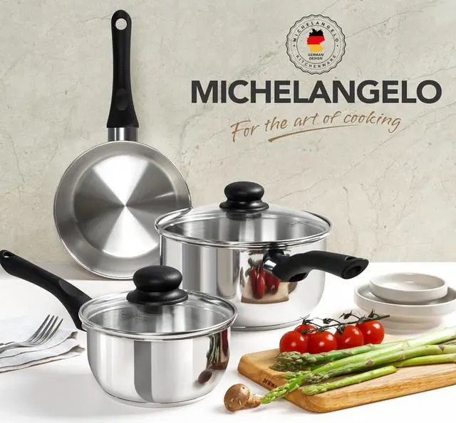 Alt view image 7 of 7 - MICHELANGELO Stainless Steel Saucepan with Lid 6pcs, Triply Base Stainless Steel Pot Set, Saucepan Set with Bakelite Handle - 1QT & 2QT & 3QT