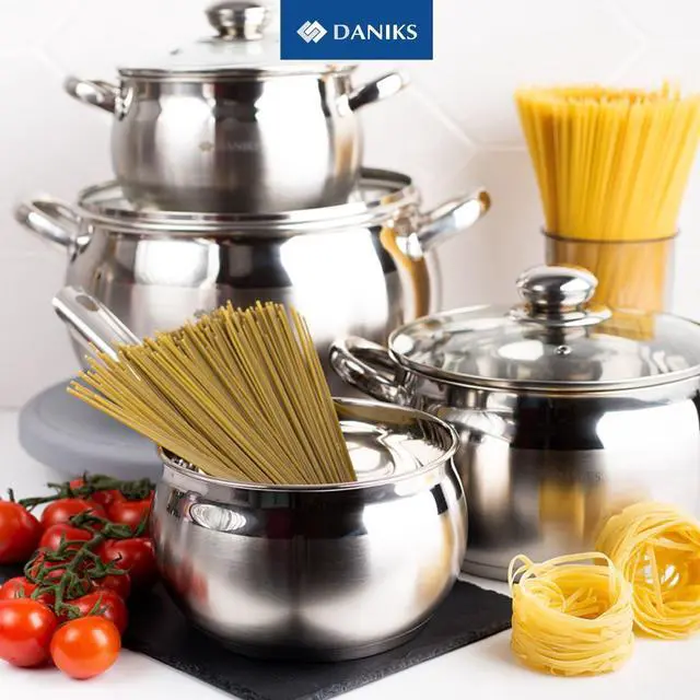 Alt view image 2 of 7 - Daniks Classic 6-Piece Stainless Steel Induction Cookware Set  Dishwasher Safe Pots with Lids, Measuring Scale, Silver