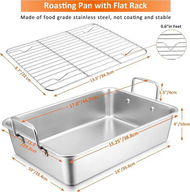 Alt view image 2 of 7 - 16 Inch Roasting Pan with Rack, Leonyo Turkey Roasting Pan, Stainless Steel Large Roaster Pan with Rack Non Stick Baking Pans for Cooking Ham, Chicken, Cake, Lasagna, Casserole
